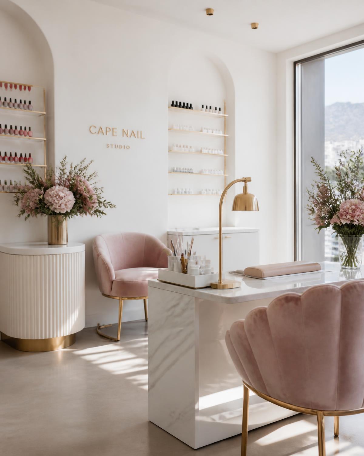 Interior of the Lins Nails CPT studio with blush chairs and gold detailing